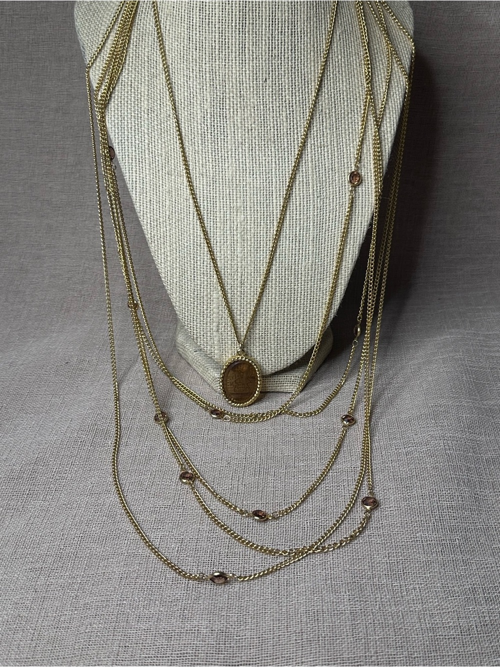 VTG Goldette NY Multi Strand Amber Glass Cherub Intaglio Necklace RARE